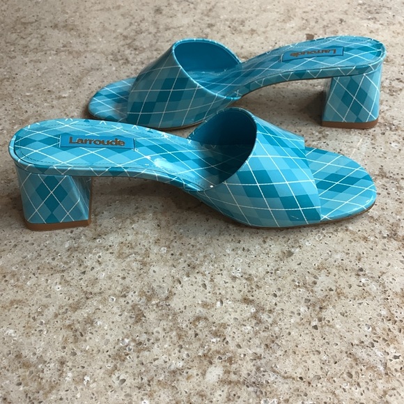 NWOT Larroude Aqua Argyle Brigitte Mules Patent Leather Slide Heels Size 8 - Picture 8 of 10